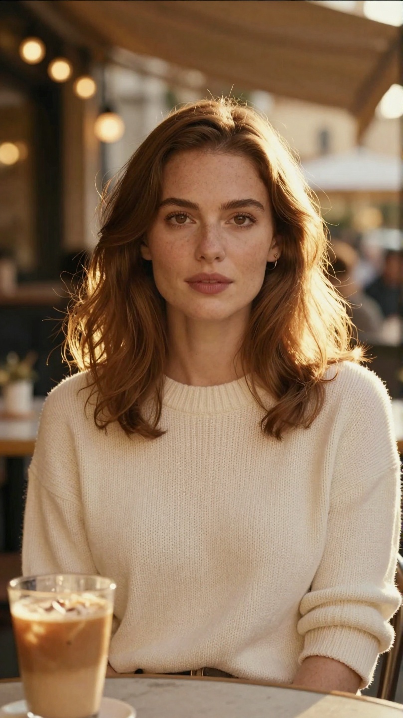 Western European woman in a cream knit sweater on a golden-hour café terrace: vertical start-frame still with the face in the upper third and a quiet lower band