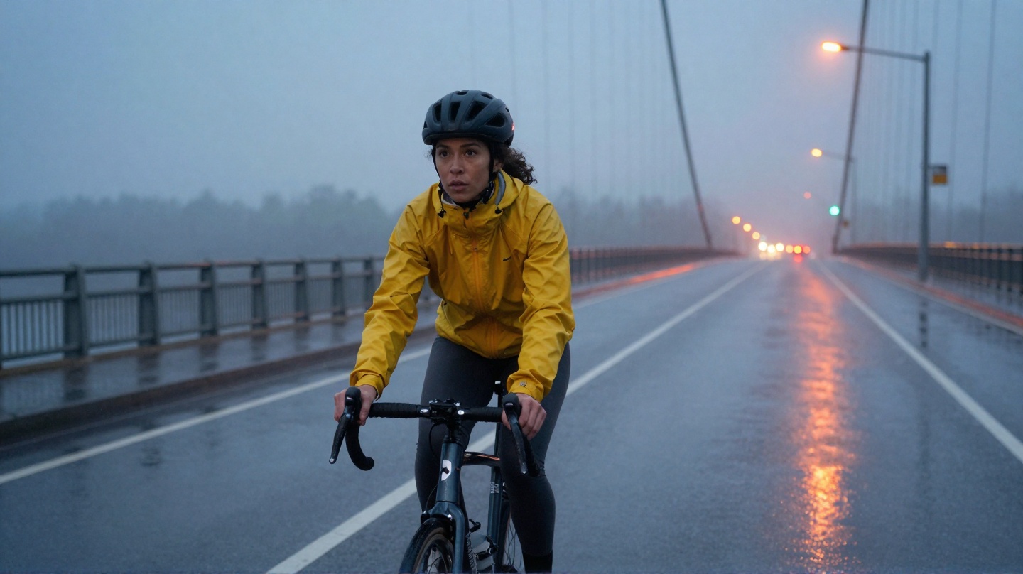 Cyclist on a rain-slick suspension bridge, used to illustrate the prompt's subject, setting, framing, light, and motion direction