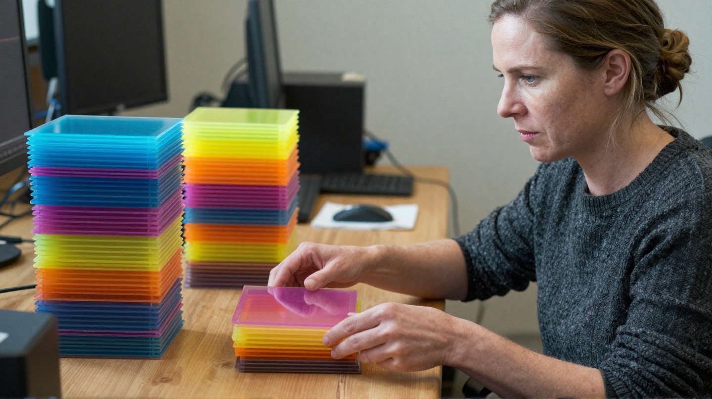Documentary still of a creator sorting translucent colored acrylic gel filters into short piles on a wooden desk, illustrating credit lots and FIFO spend order