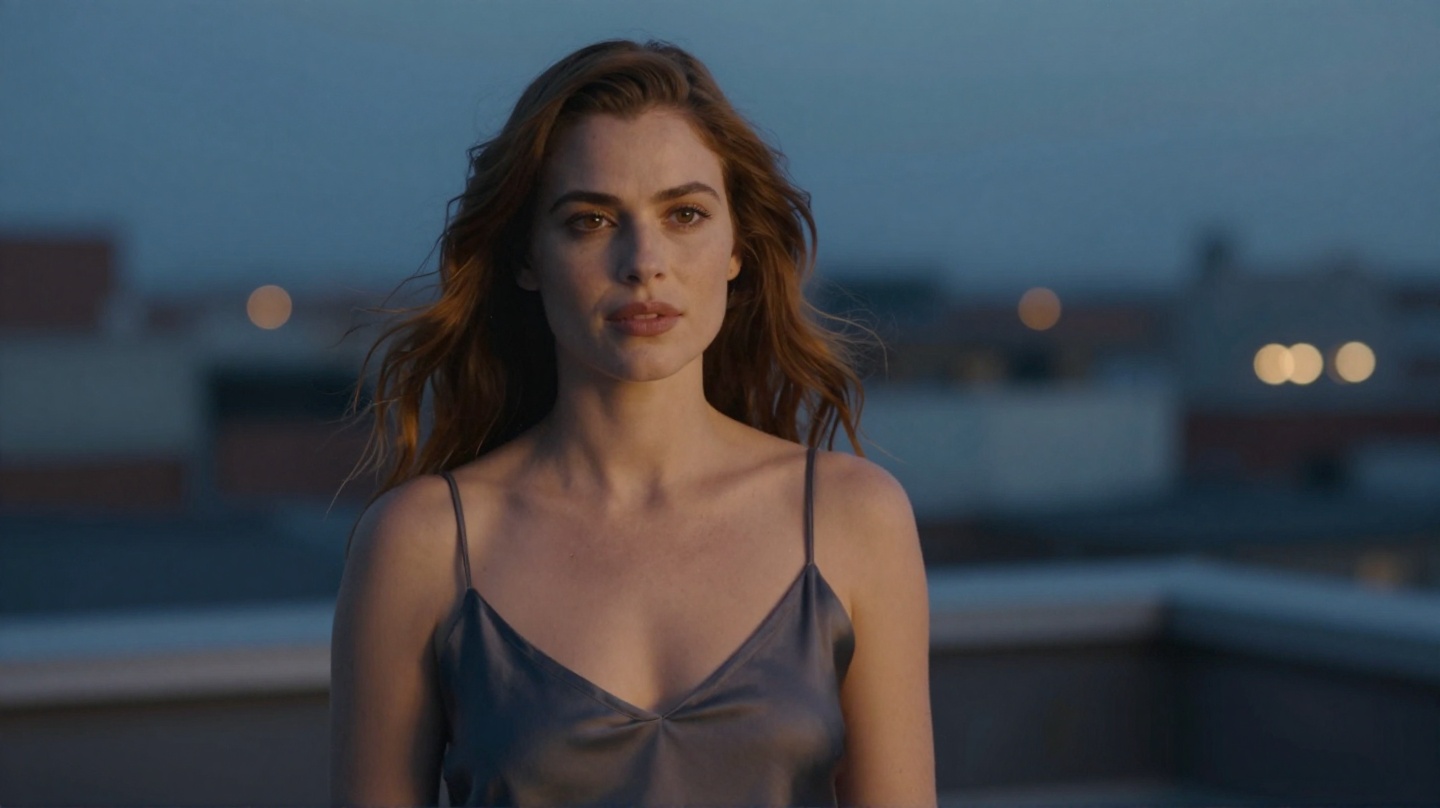 Western European woman in a charcoal silk slip dress on a dusk rooftop: medium-close start-frame still with negative space for a slow push-in